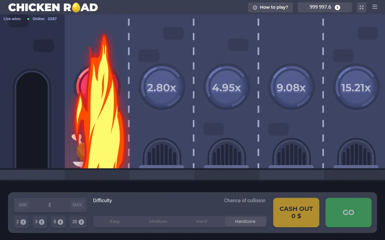 Fiamme sulla corsia 1 in modalità Hardcore, cash out azzerato a 0$ dopo la collisione del pollo.
