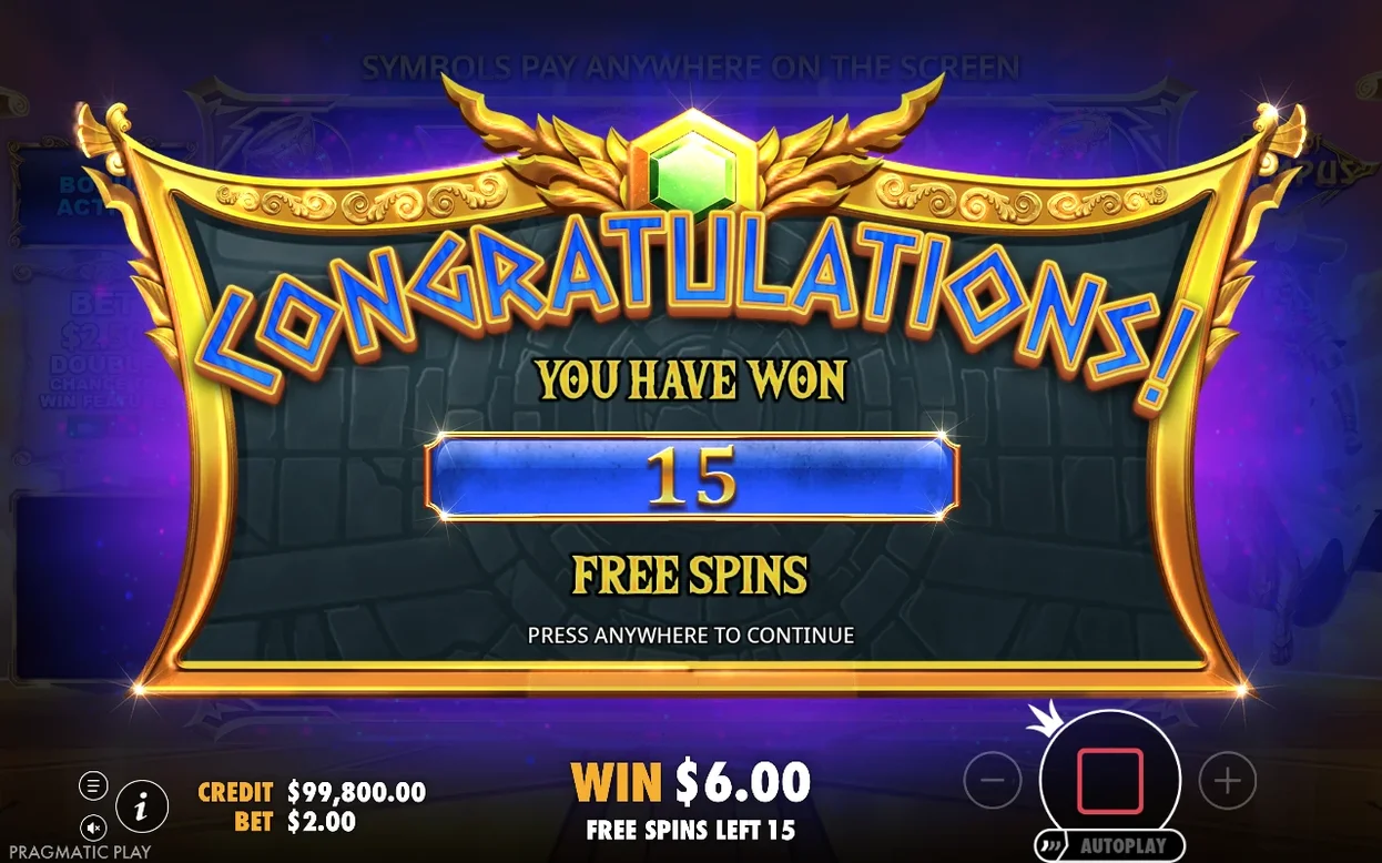 Schermata Congratulations: 15 Free Spins vinti, vincita d'ingresso $6.00 con puntata $2.00.