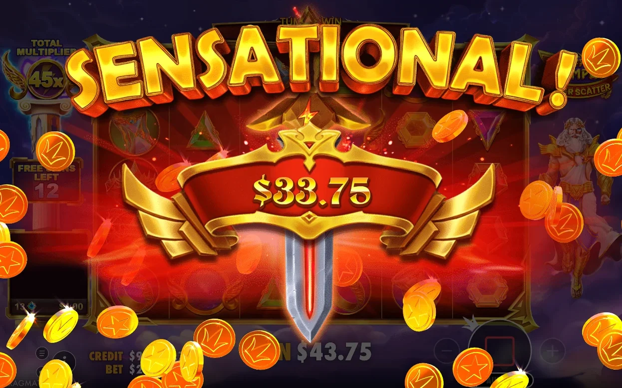 Vincita SENSATIONAL da $33,75 durante i Free Spins, con moltiplicatore totale a 45x e pioggia di monete dorate.