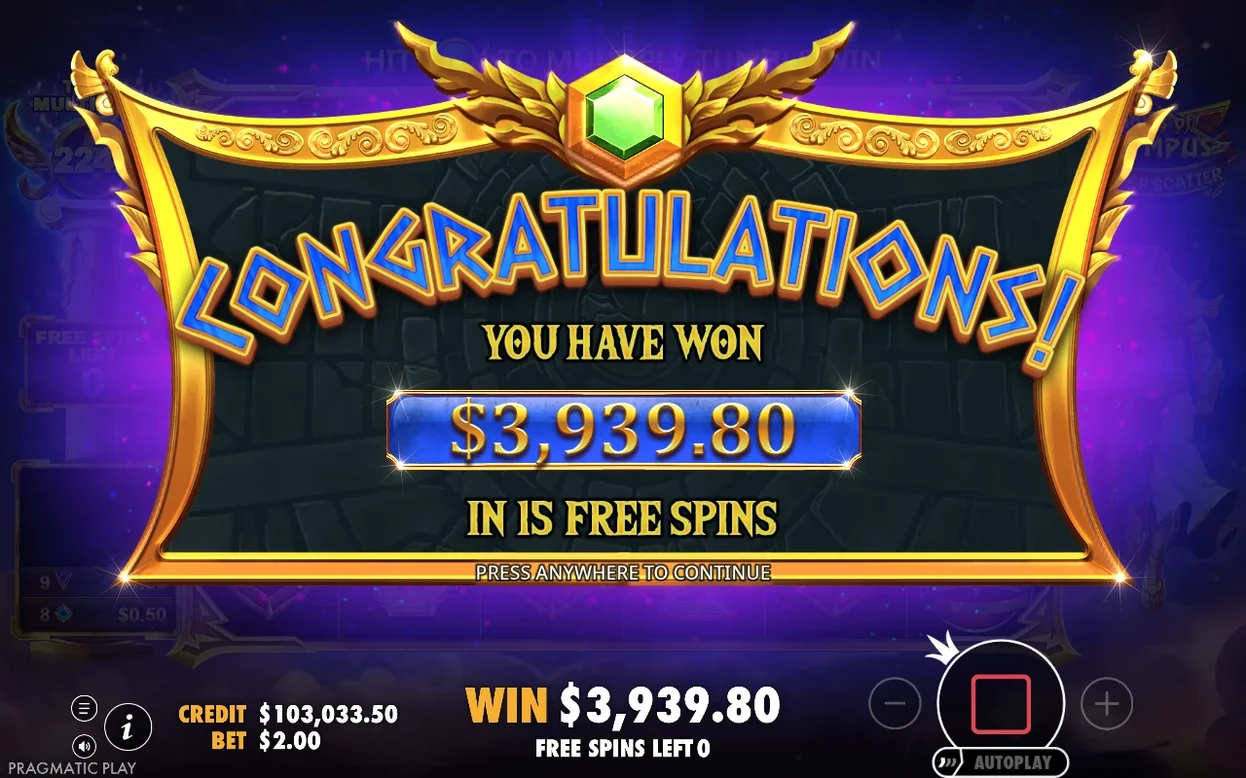 Schermata Congratulazioni: vincita di $3.939,80 in 15 Free Spins su sfondo viola scuro.
