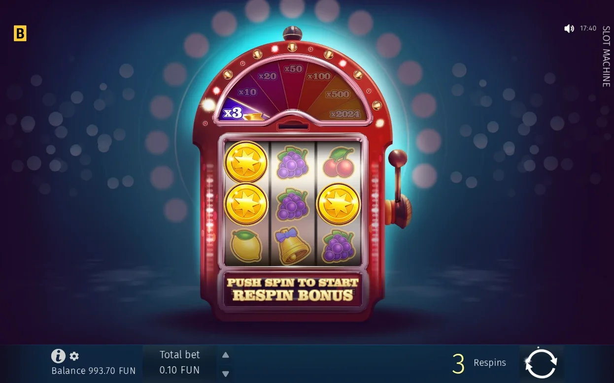 Ruota bonus ferma su x3, tre monete a stella bloccate sui rulli e contatore 3 Respins