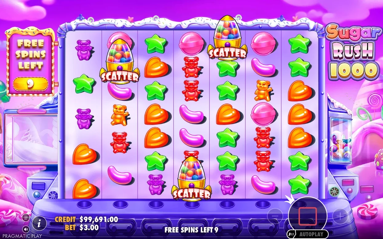 Griglia viola dei free spins con tre simboli Scatter a forma di razzo, contatore a 9, puntata $3.00