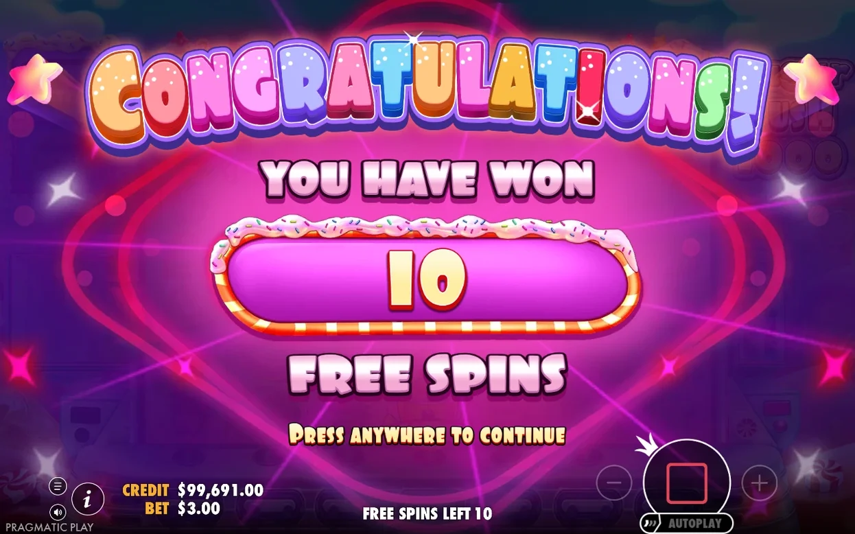 Congratulations: vinti 10 free spin, puntata $3.00, credito $99,691.00, free spins left 10