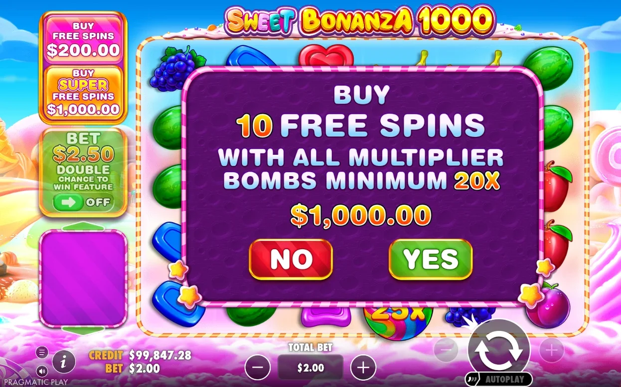 Finestra di conferma acquisto: 10 giri gratuiti con bombe minime 20x per $1.000,00, pulsanti Sì e No.