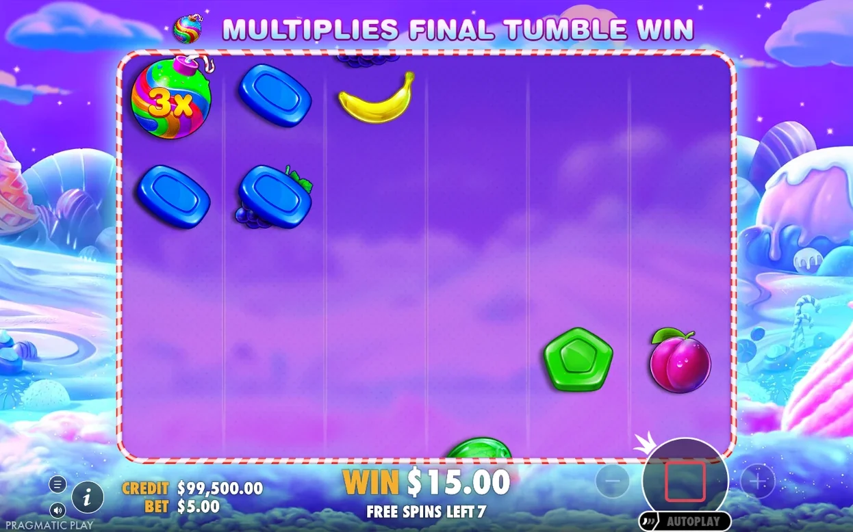 Simbolo bomba moltiplicatrice 3x tra i dolci sulla griglia viola dei free spin: vincita $15.00, 7 giri rimasti.