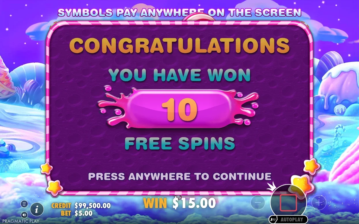 Schermata di attivazione: hai vinto 10 free spin, con vincita già a $15.00 e credito $99,500.00.